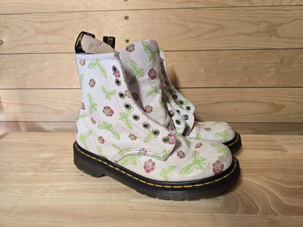 Dr. Martens 1460 White Rose Butterfly Womens Size 7 No Laces